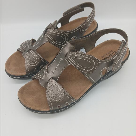 Clarks Bendables Lexi Wedge Sandals Leather Comfort Summer Pewter Bronze Size 8M - Picture 1 of 12